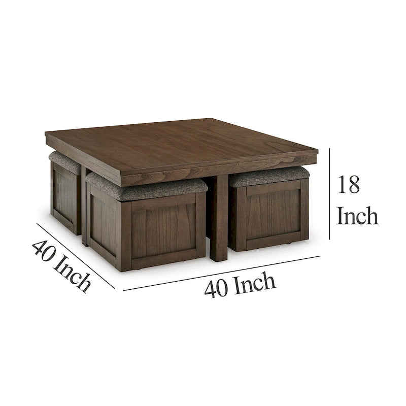 Olaf Coffee Table and 4 Nesting Stools Set, Brown Wood, Polyester Top