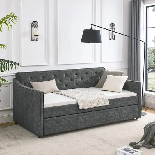 Twin Size Linen Upholstered Daybed Frame with Trundle & Tufted Backrest