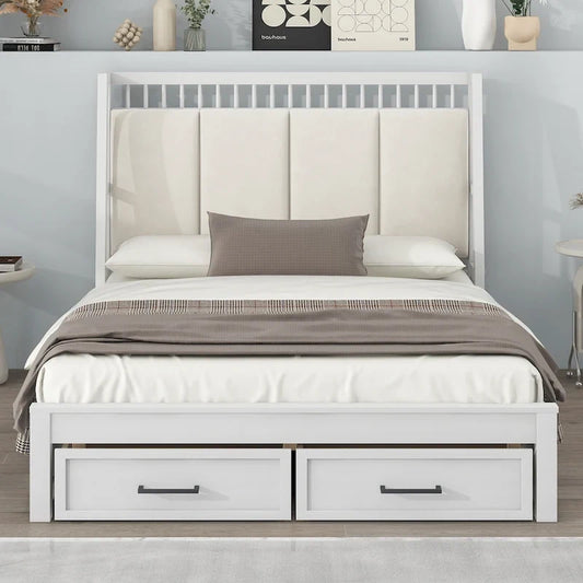 Full Size Wooden Platform Bed with Upholstered Headboard and 2 Drawers