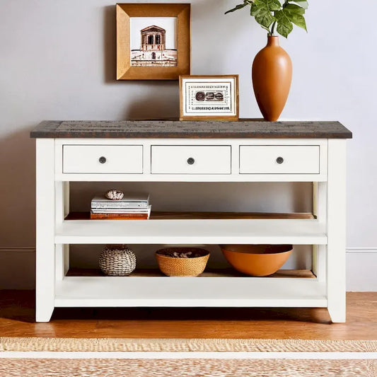 48 Solid Pine Wood Top Console Table, Modern Entryway Sofa Side Table with 3 Storage Drawers and 2 Shelves. Easy to Assemble
