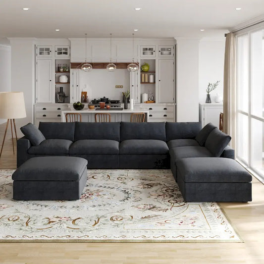 160 in. Free Combination Overstuffed Down Filled Comfort Linen U-shape 6-Seat Sofa Modular Sectional with Ottoman