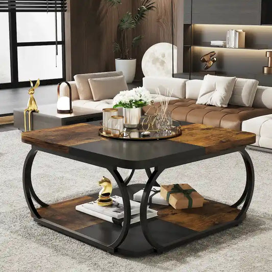Square 2-Tier Coffee Table with Storage Shelf, 39 inches Low Farmhouse Wood Coffee Table for Modern Living Room