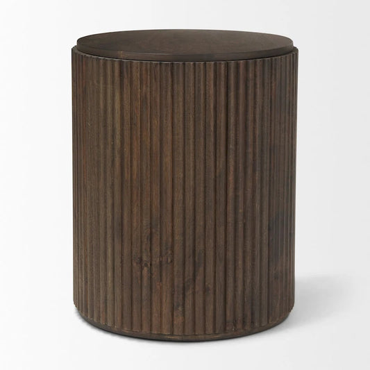 Terra Dark Brown Solid Wood Fluted Round Side Table