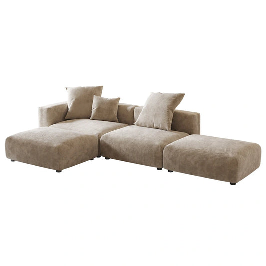 L-shaped Modular Sectional Sofa Corduroy Upholstered Couch with Chaise Ottoman and 3 pillows