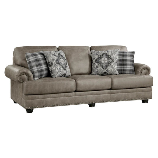 Jade 98 Inch Sofa, Taupe Brown Microfiber, 4 Pillows, Soft Cushions, Wood