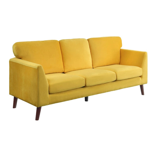 81 Inch Sofa, Yellow Velvet, Reversible Cushions, Dark Brown Wood