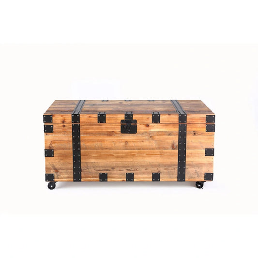 Trunk Table with four wheel Large capacity storage Coffee table, NaturalReclaimed Wood /Black Metal