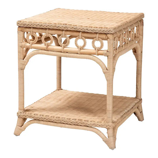 Oxford Braided Natural Rattan End Table with Shelf - Boho Table with Loop Detailing, Coastal Style for Living Room or Bedroom