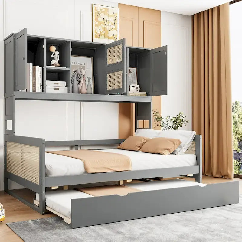 Large Bookcase Daybed Wooden Bed with Trundle and Top Storage Cabinet