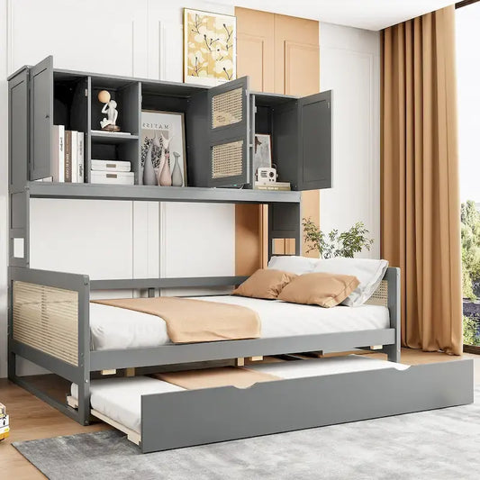 Large Bookcase Daybed Wooden Bed with Trundle and Top Storage Cabinet