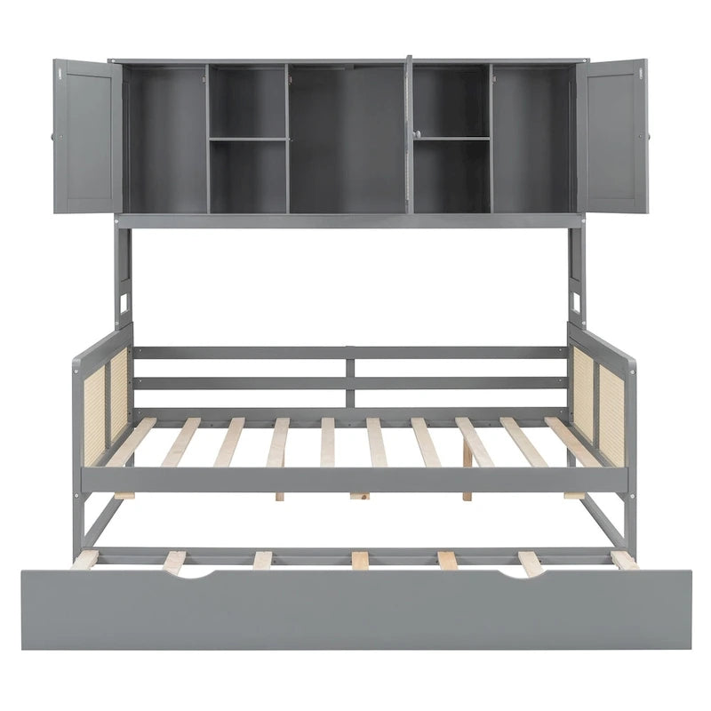 Large Bookcase Daybed Wooden Bed with Trundle and Top Storage Cabinet