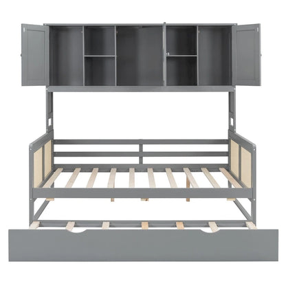 Large Bookcase Daybed Wooden Bed with Trundle and Top Storage Cabinet