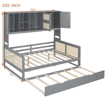 Large Bookcase Daybed Wooden Bed with Trundle and Top Storage Cabinet