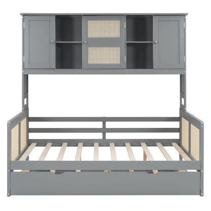 Large Bookcase Daybed Wooden Bed with Trundle and Top Storage Cabinet