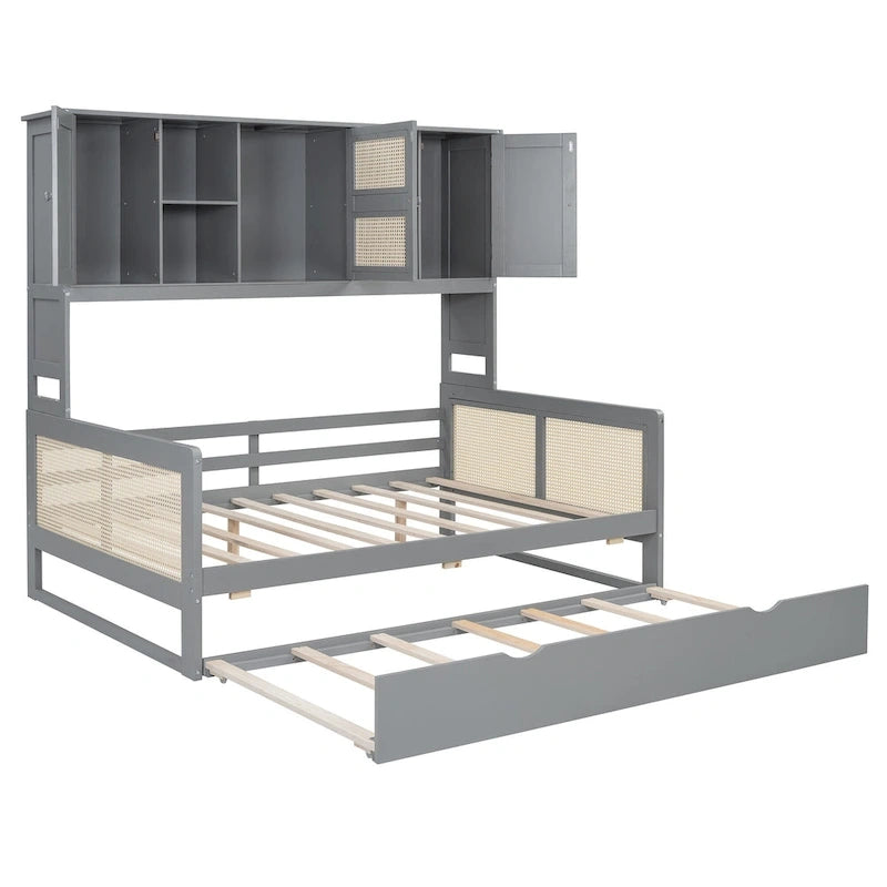 Large Bookcase Daybed Wooden Bed with Trundle and Top Storage Cabinet