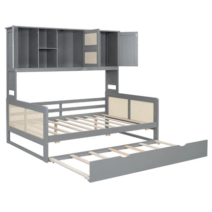 Large Bookcase Daybed Wooden Bed with Trundle and Top Storage Cabinet
