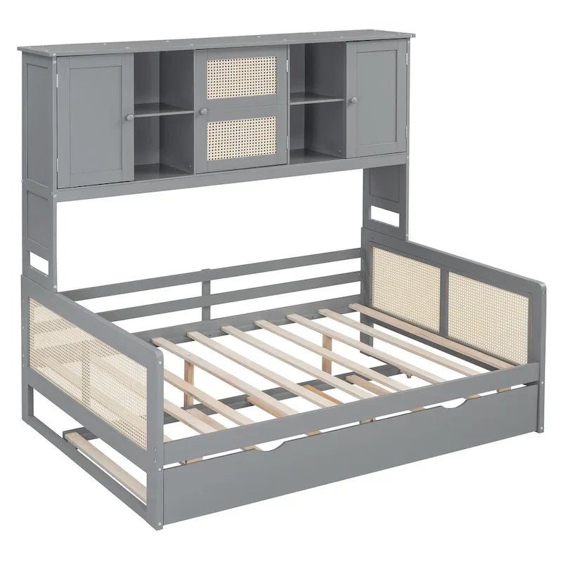 Large Bookcase Daybed Wooden Bed with Trundle and Top Storage Cabinet