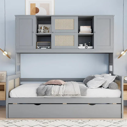 Large Bookcase Daybed Wooden Bed with Trundle and Top Storage Cabinet