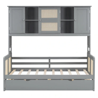 Large Bookcase Daybed Wooden Bed with Trundle and Top Storage Cabinet