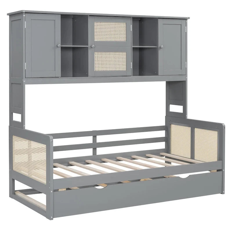Large Bookcase Daybed Wooden Bed with Trundle and Top Storage Cabinet