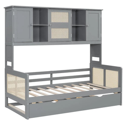 Large Bookcase Daybed Wooden Bed with Trundle and Top Storage Cabinet
