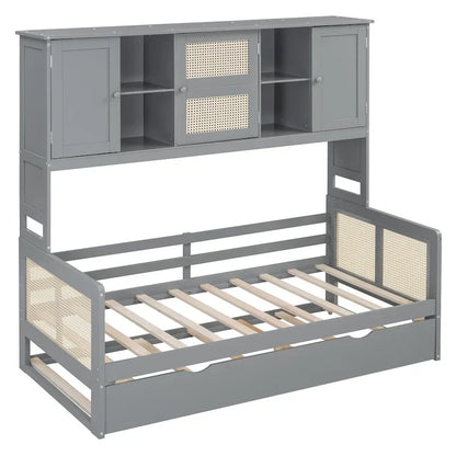 Large Bookcase Daybed Wooden Bed with Trundle and Top Storage Cabinet