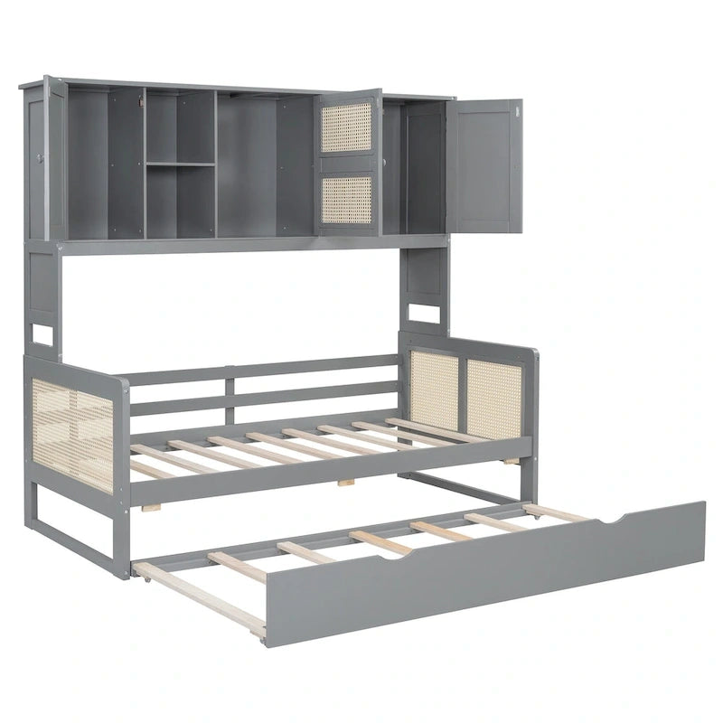Large Bookcase Daybed Wooden Bed with Trundle and Top Storage Cabinet