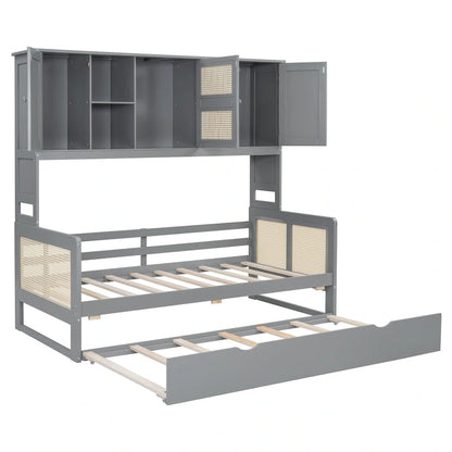 Large Bookcase Daybed Wooden Bed with Trundle and Top Storage Cabinet