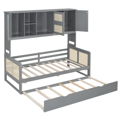 Large Bookcase Daybed Wooden Bed with Trundle and Top Storage Cabinet