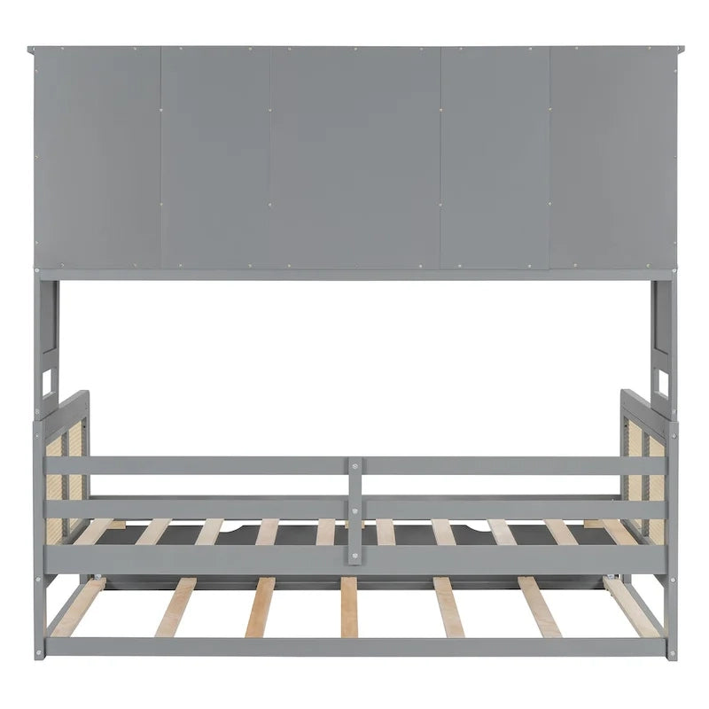 Large Bookcase Daybed Wooden Bed with Trundle and Top Storage Cabinet