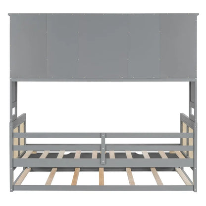 Large Bookcase Daybed Wooden Bed with Trundle and Top Storage Cabinet