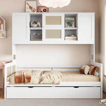 Large Bookcase Daybed Wooden Bed with Trundle and Top Storage Cabinet