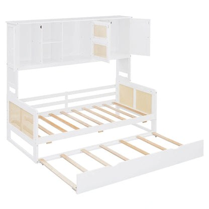 Large Bookcase Daybed Wooden Bed with Trundle and Top Storage Cabinet