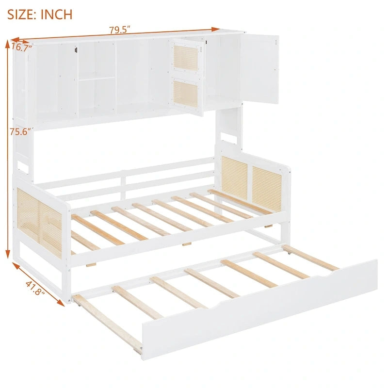 Large Bookcase Daybed Wooden Bed with Trundle and Top Storage Cabinet