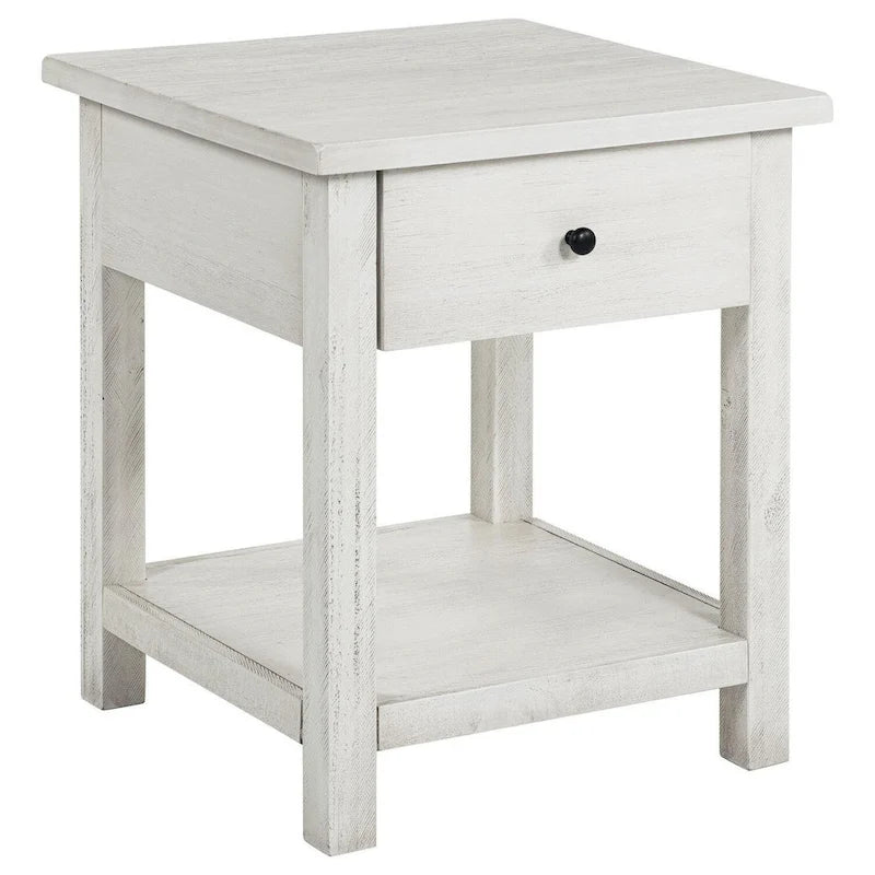 Ayne Side End Table, 1 Drawer, Distressed White Wood, Square 20 Inch