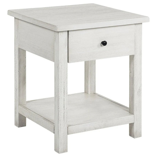 Ayne Side End Table, 1 Drawer, Distressed White Wood, Square 20 Inch