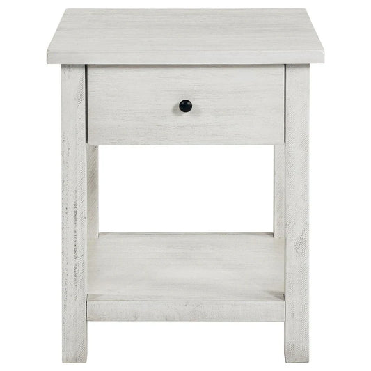 Ayne Side End Table, 1 Drawer, Distressed White Wood, Square 20 Inch