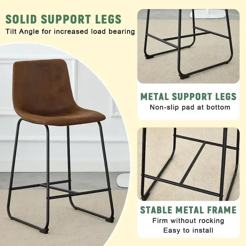 PU Leather Bar Stools Set of 2, Counter Height Bar Stools with Back and Footrest, Kitchens Island Chair with Metal Legs