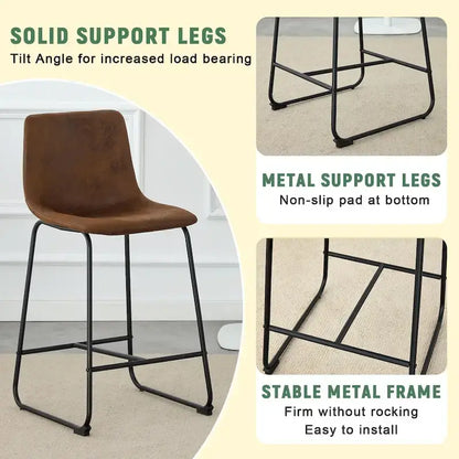 PU Leather Bar Stools Set of 2, Counter Height Bar Stools with Back and Footrest, Kitchens Island Chair with Metal Legs