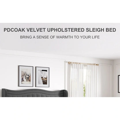 King Size Modern Velvet Platform Bed with Upholstered Headboard