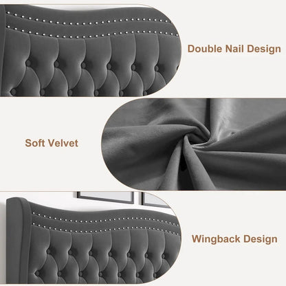 King Size Modern Velvet Platform Bed with Upholstered Headboard