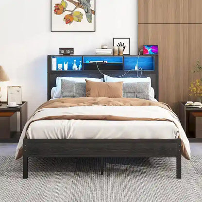 Full Size Metal Platform Bed with RGB LED Lights and USB Charging Station