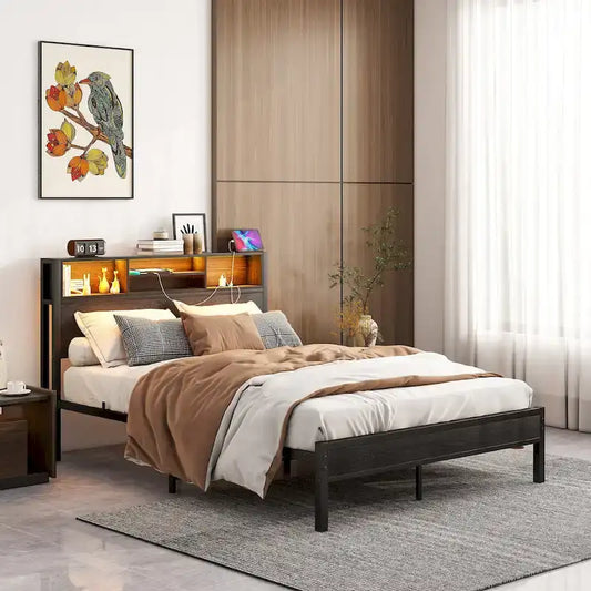 Full Size Metal Platform Bed with RGB LED Lights and USB Charging Station