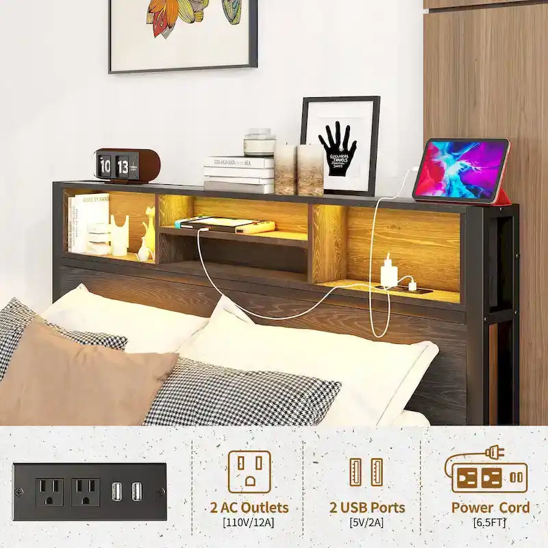 Full Size Metal Platform Bed with RGB LED Lights and USB Charging Station