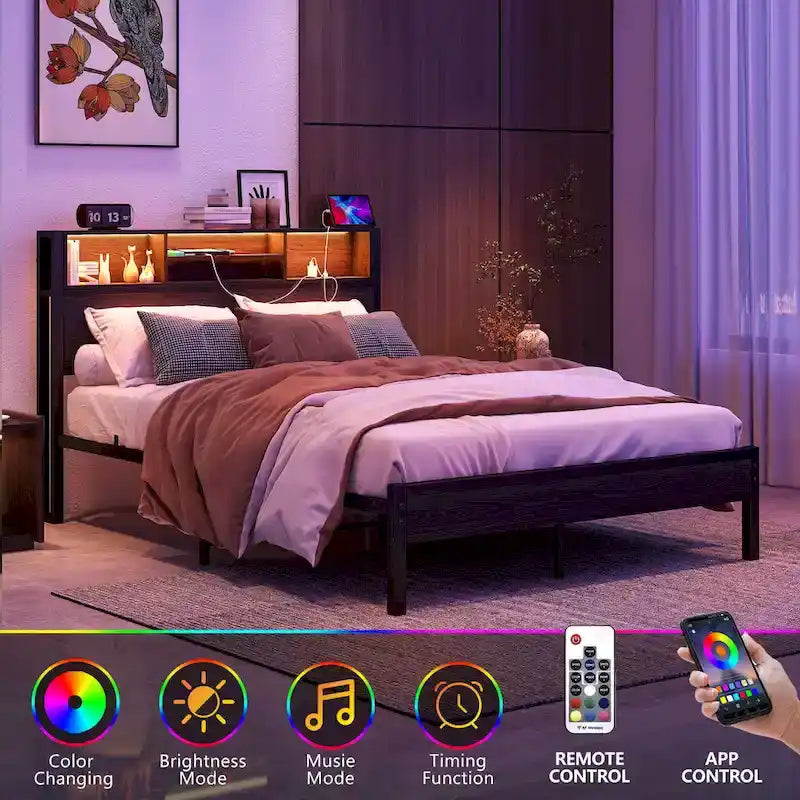 Full Size Metal Platform Bed with RGB LED Lights and USB Charging Station