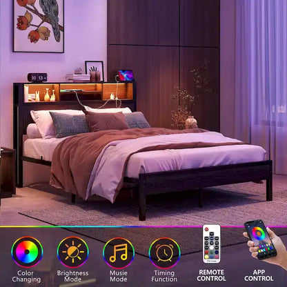 Full Size Metal Platform Bed with RGB LED Lights and USB Charging Station