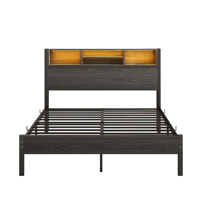Full Size Metal Platform Bed with RGB LED Lights and USB Charging Station