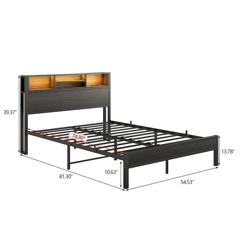 Full Size Metal Platform Bed with RGB LED Lights and USB Charging Station