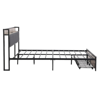 Metal Platform Bed with Drawers and Storage Headboard