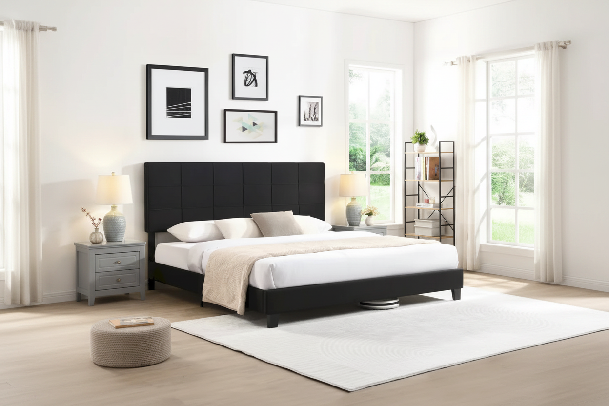 King Size Upholstered Bed with Linen Fabric Headboard